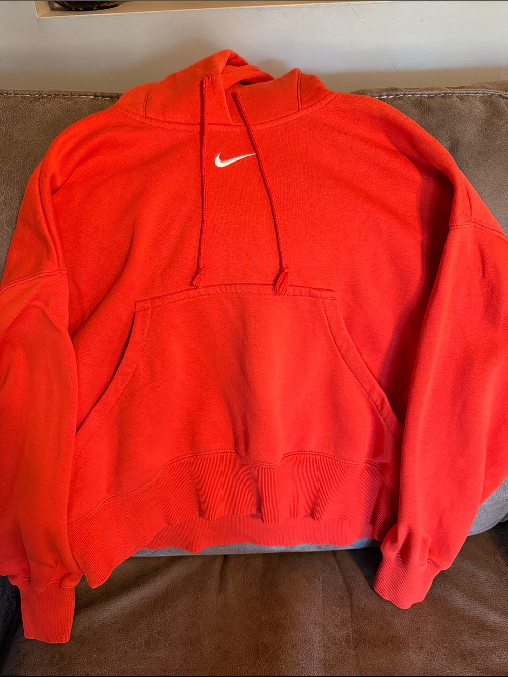 Nike Women's Red/Orange Crop Hoodie with White Swoosh